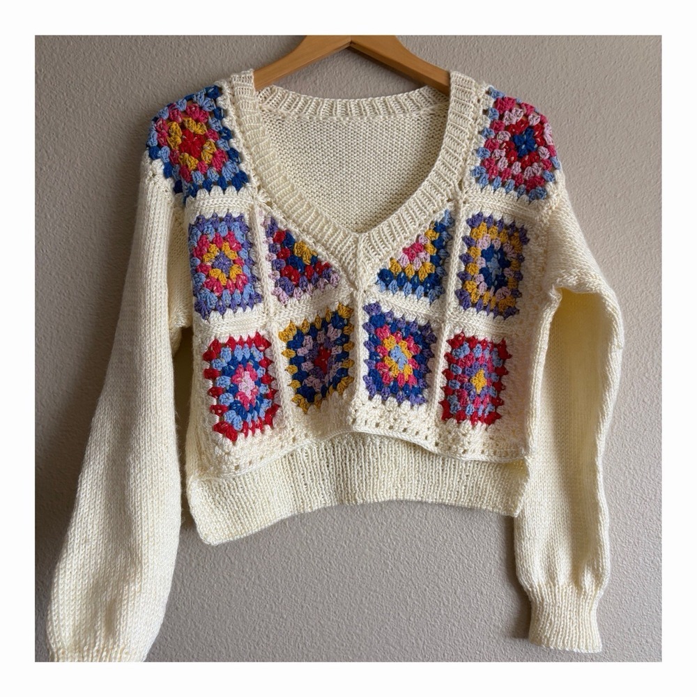 Retro Handmade Crochet Granny Square Knit Sweater Cream Patchwork S Boho